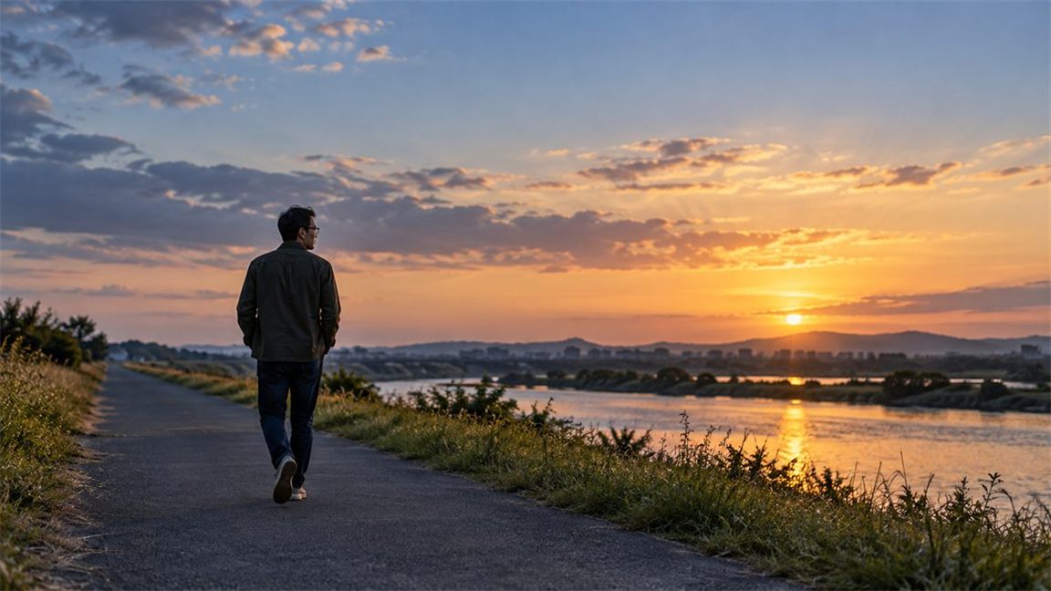 夕暮れの川沿いをひとりで歩く眼鏡の男性
