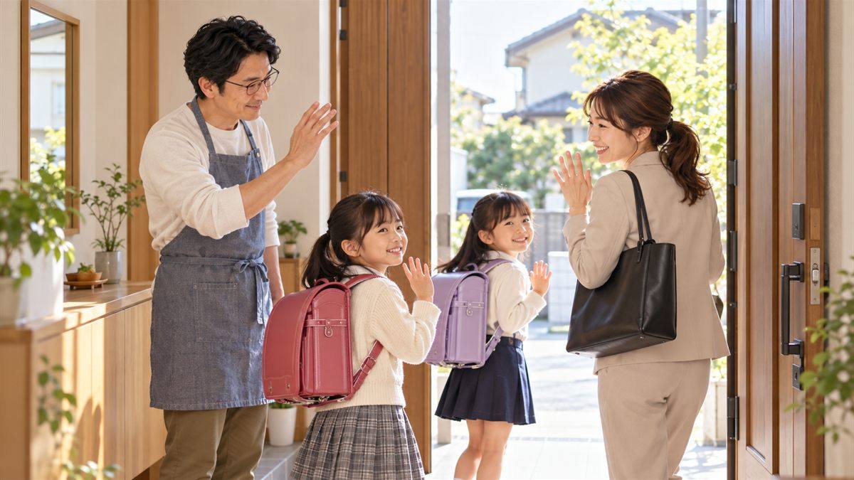 朝の玄関で、エプロン姿の夫が通勤かばんを持つ妻とランドセル姿の娘2人を見送るイメージ