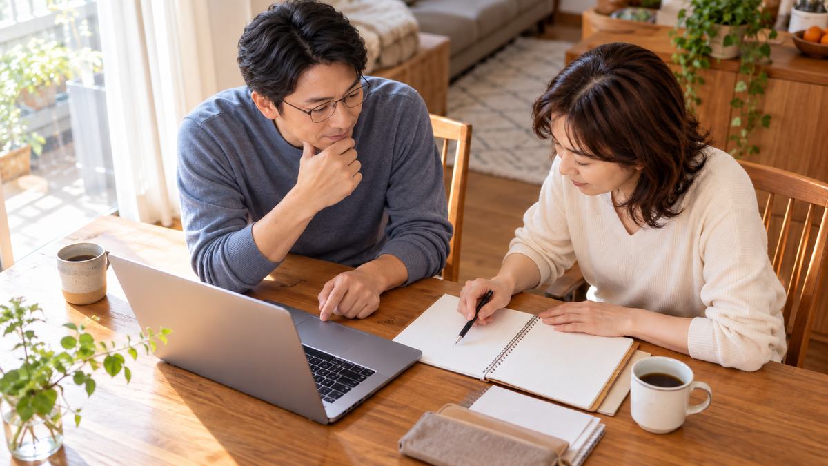 ノートPCとノートを前に家計について話す夫婦のイメージ