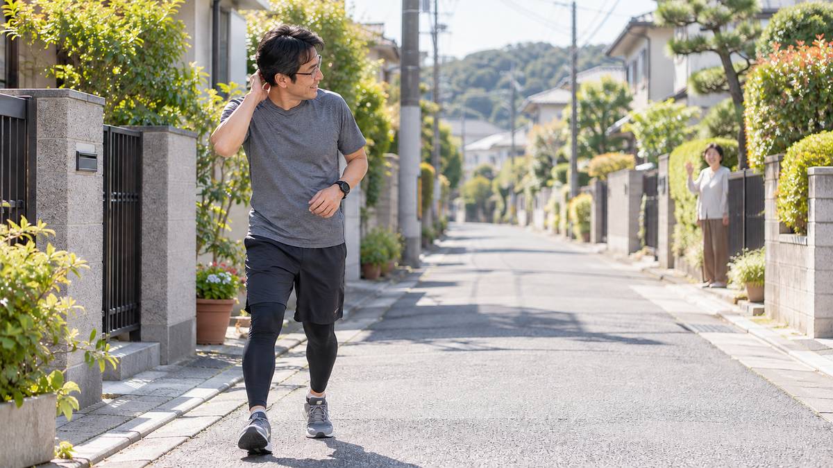 昼間の住宅街でジョギング中に近所の人と挨拶する男性のイメージ