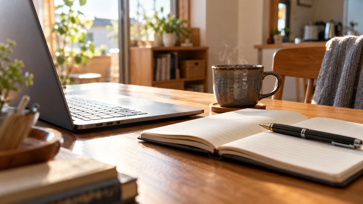 自宅の机に置かれたノートPCとノート、ペン、コーヒーのイメージ