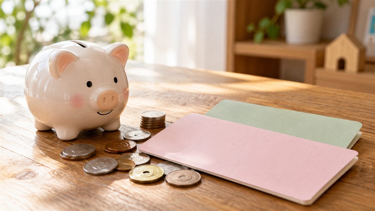 貯金箱と硬貨、子どもの将来に備えるためのノート