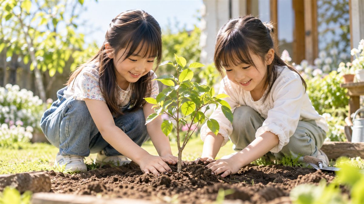庭で苗木を植える2人の子ども