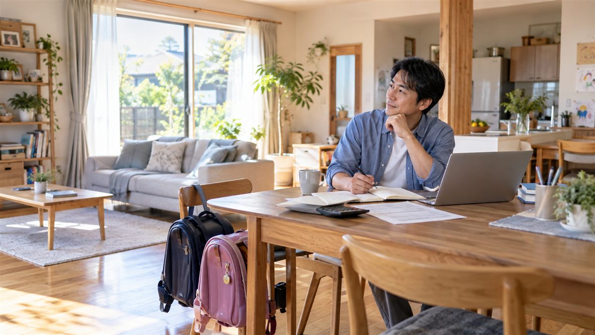 通学用品のある自宅で家計を考える父親