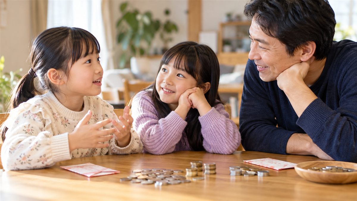 お年玉の使い道を父親と相談する2人の子ども