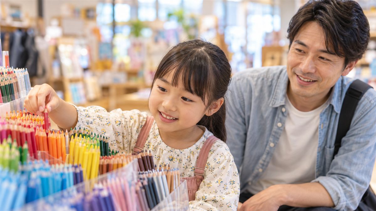 文房具店で自分で色鉛筆を選ぶ子どもと見守る父親