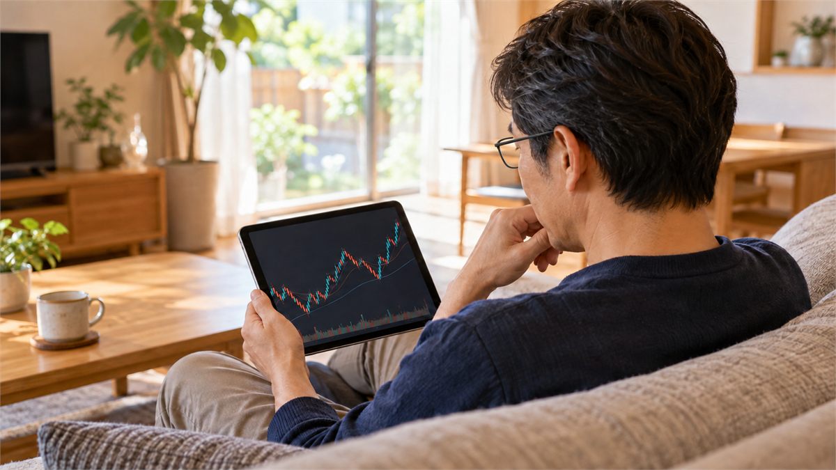 眼鏡をかけた男性がタブレットで投資の値動きを確認している