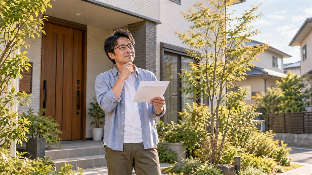 眼鏡をかけた男性が自宅の玄関前で封筒を手に考えている