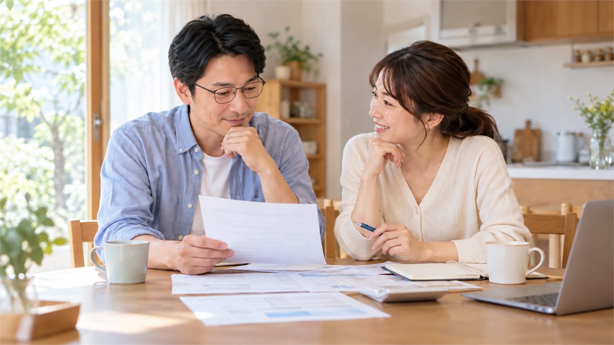 眼鏡をかけた男性と妻が家計の書類を見ながら話し合っている