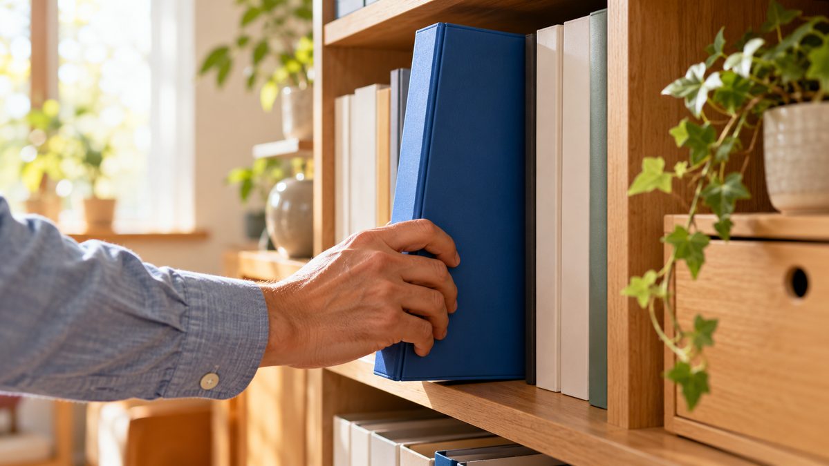 引き継ぎ書のファイルを家族が分かる棚にしまうイメージ