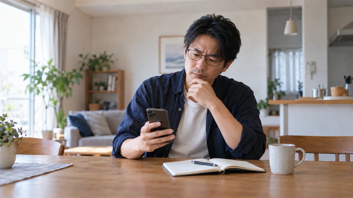 スマホを見ながら考え込む男性