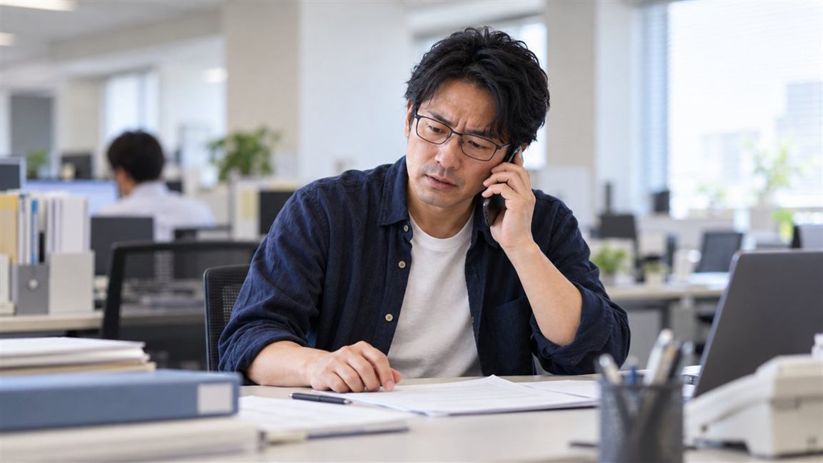 職場で電話を受け、戸惑った表情を見せる眼鏡の男性