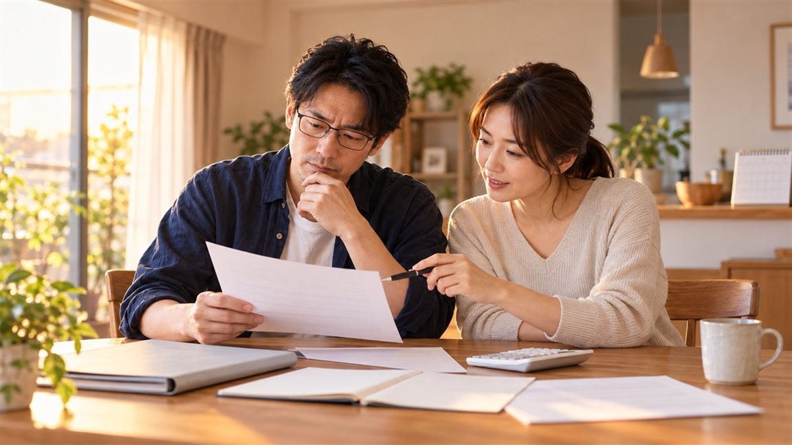 家庭の書類を一緒に確認する夫婦